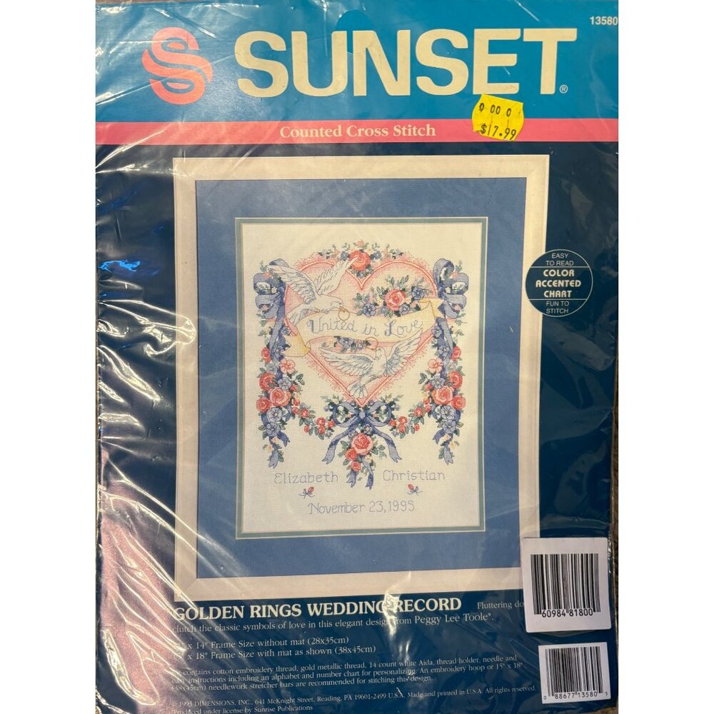 1993 NIB Golden Rings Counted Cross Stitch Kit Wedding Record Dimensions Sunset